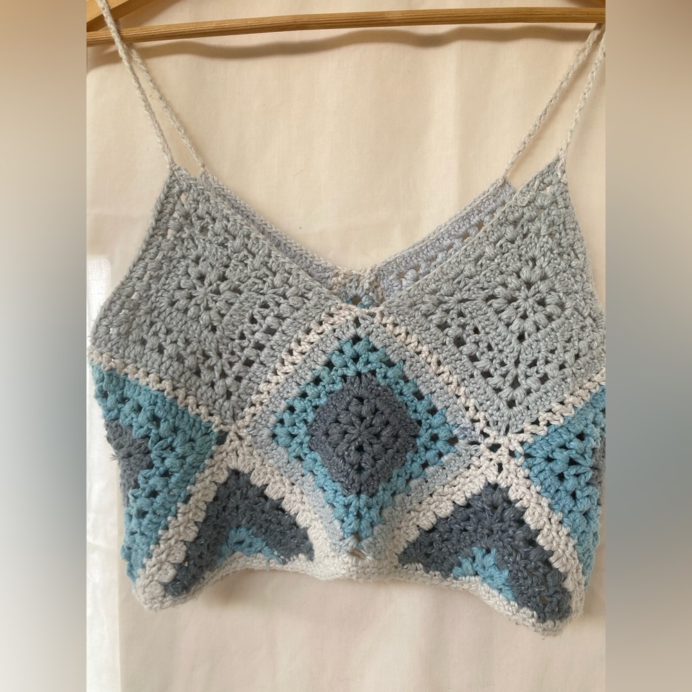 Granny Square Crochet Crop Top - Gray and Blue Ocean Colors